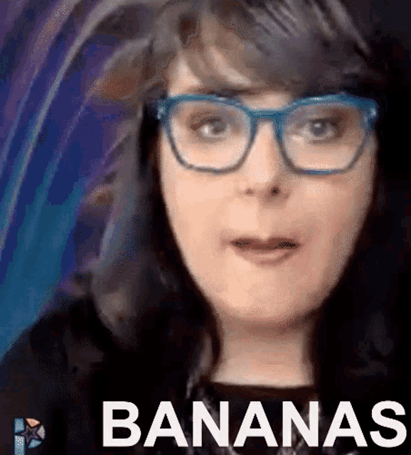 a woman wearing glasses with the word bananas on the bottom right