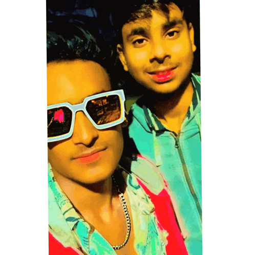 a man wearing sunglasses stands next to another man wearing a floral shirt