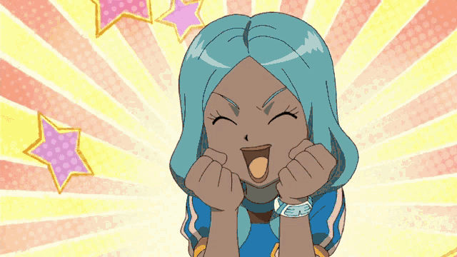 a girl with blue hair and a watch on her wrist is making a funny face