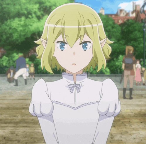 a girl with blonde hair and blue eyes is wearing a white dress and bow