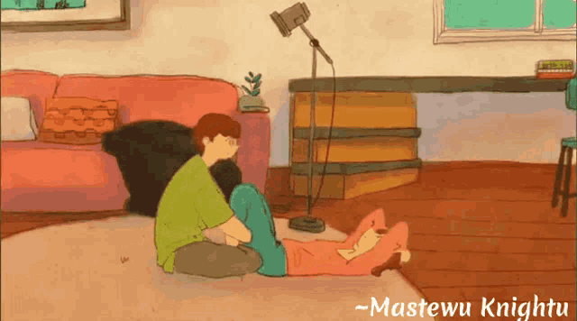 a cartoon of a man and a woman sitting on the floor with the name mastewu knightu on the bottom right