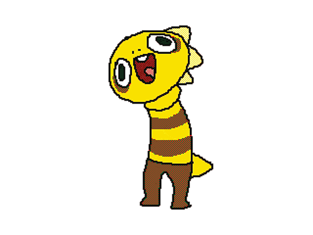 a pixel art of a yellow and brown cartoon character