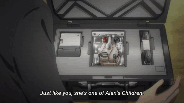 a person holding a briefcase that says " just like you she 's one of alan 's children " on it