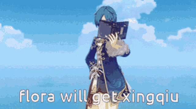 a cartoon character holding a book with the words flora will get xingqiu on the bottom