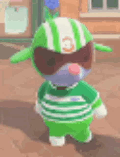 a cartoon character wearing a green and white helmet and sunglasses is standing on a street .