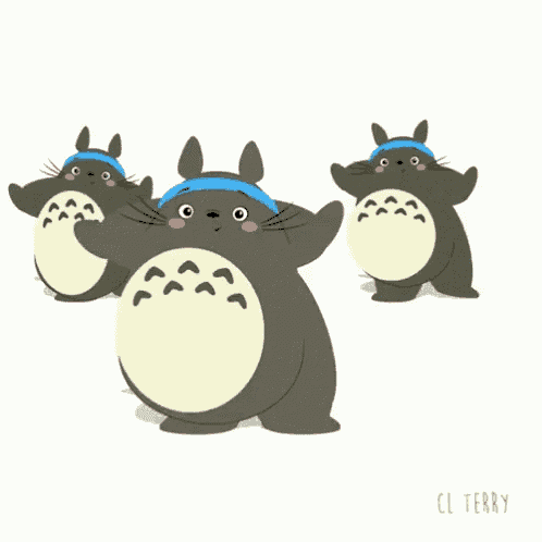 a group of totoro bears are doing exercises with a blue headband on their head ..