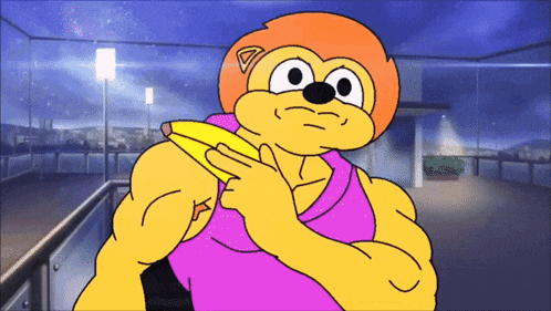 a cartoon character is holding a banana and pointing to it