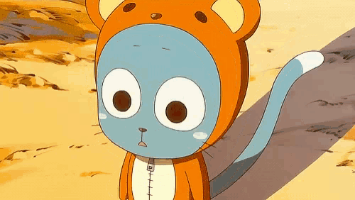 a cartoon character wearing an orange and blue cat outfit