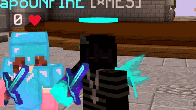 two minecraft characters are standing next to each other in front of a wall that says spount inc