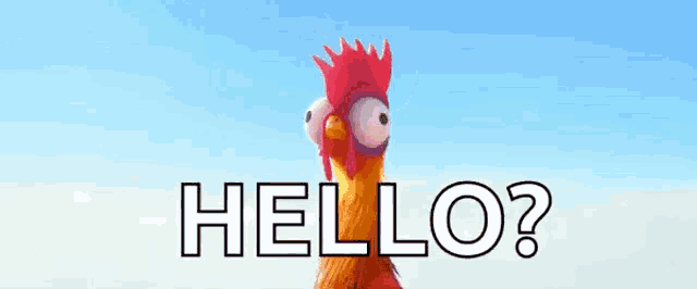 a chicken with a red beak is standing in front of a blue sky and says hello ?