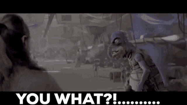 a cartoon character is standing in front of a woman and asking , `` you what ? ''