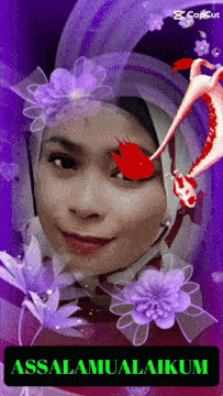 a picture of a woman surrounded by purple flowers and the words assalamualaikum