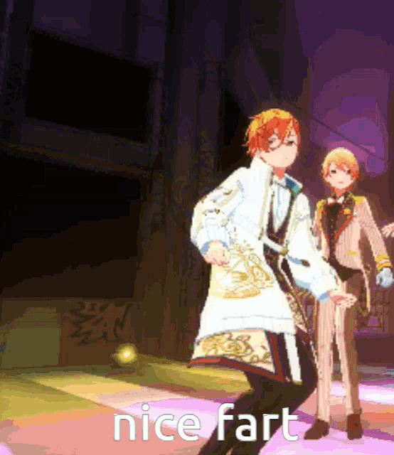 a pixel art of a man dancing with the words nice fart written below him