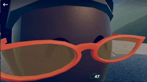a close up of a person wearing orange sunglasses with a lv 47 icon on their face
