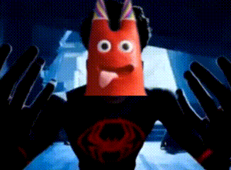 a man is standing in front of a cartoon character with big eyes and horns
