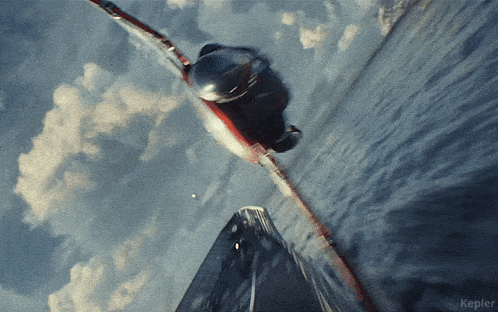 a painting of a plane flying over a body of water with the name kepler on the bottom