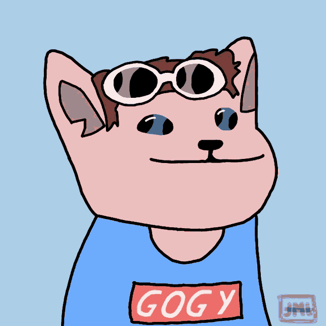 a cartoon drawing of a person wearing a goggle and a gogy shirt