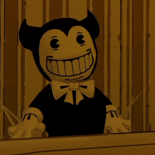 a black and white cartoon character with a big smile