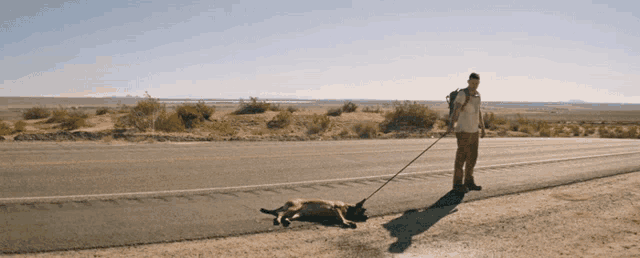 a man walking a dead dog on a leash on the side of a road