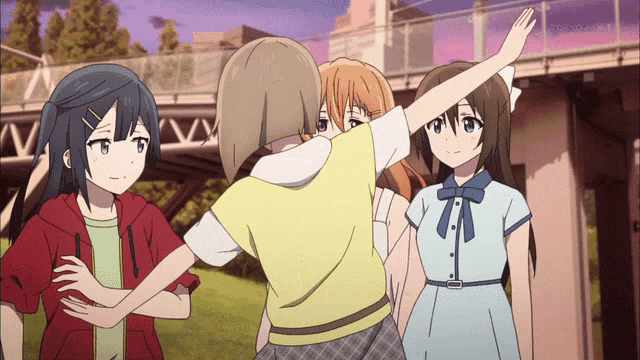 a group of anime girls are standing next to each other and one of them is wearing a red hoodie