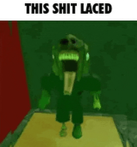 a green monster is standing in a dark room with its mouth open and screaming .