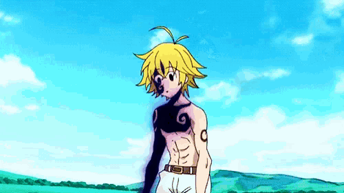 a cartoon character with a tattoo on his chest is standing in a field with a blue sky in the background .