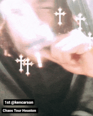 a picture of a person with crosses around their face and the words 1st @kencarson chaos tour houston