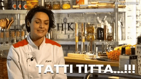 a woman in a chef 's uniform says " tatti titta "