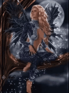 a fairy is sitting on a tree branch with a full moon in the background