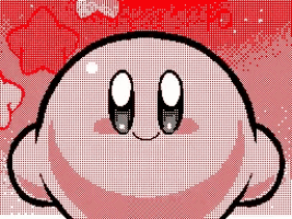 kirby is a cartoon character with a red heart in his mouth and a red background .
