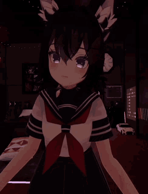 a girl in a sailor suit with a red bow tie