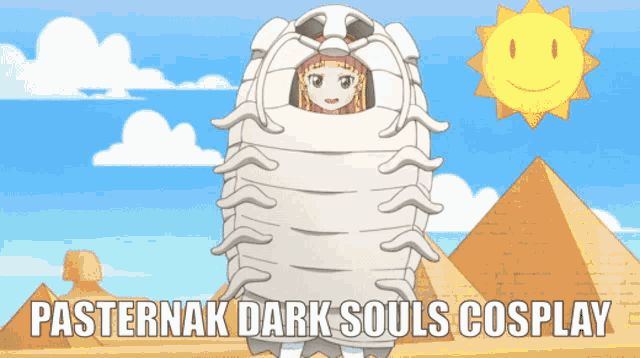 a poster for pasternak dark souls cosplay with a cartoon girl
