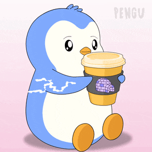 a blue and white penguin holding a cup of coffee with the word pengu on the bottom