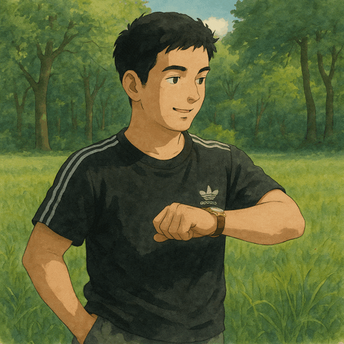 a man wearing a black adidas shirt is looking at his watch