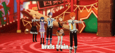 a group of anime characters are standing in front of a plane and the words brxls train are above them