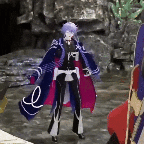 a purple haired anime character is standing in front of a rock wall .