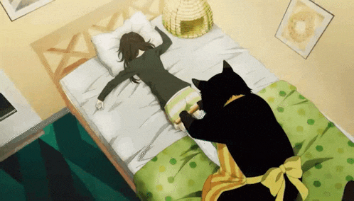 a woman laying on a bed with a black cat