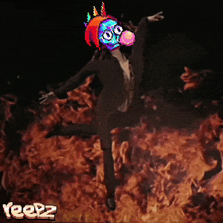 a pixel art of a man in a suit dancing in a fire with the word yeez on the bottom left