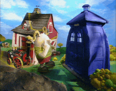 a cartoon scene with a purple box that says police