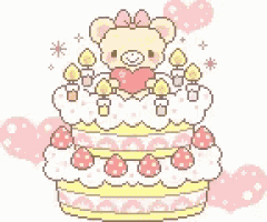 a pixel art of a teddy bear sitting on top of a birthday cake .