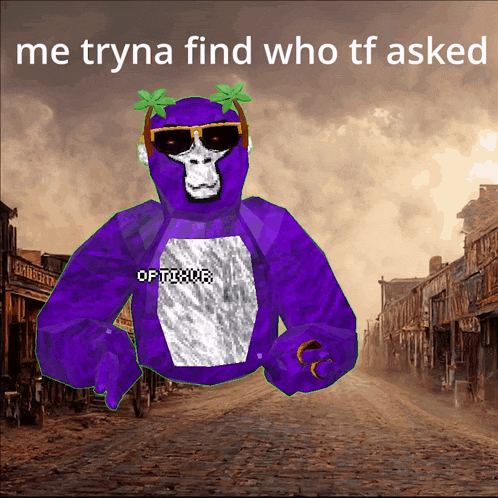 a purple gorilla wearing sunglasses and a shirt that says optimus on it