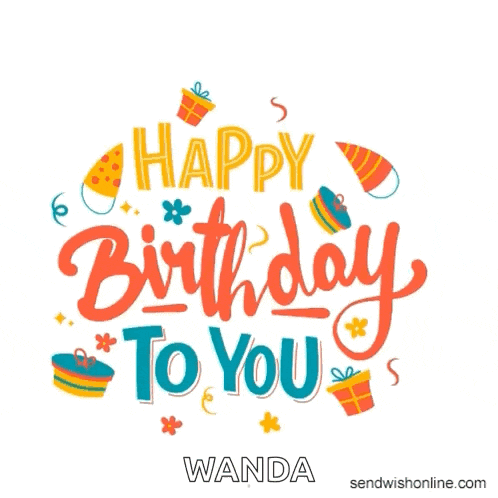 a happy birthday card for wanda with gifts and hats