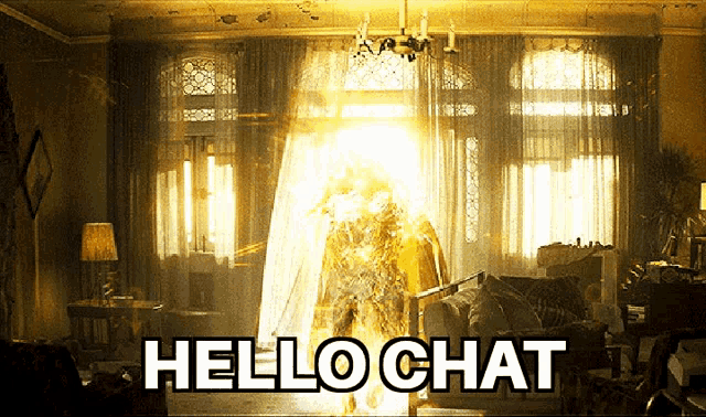 a room with a ghost and the words hello chat on the bottom