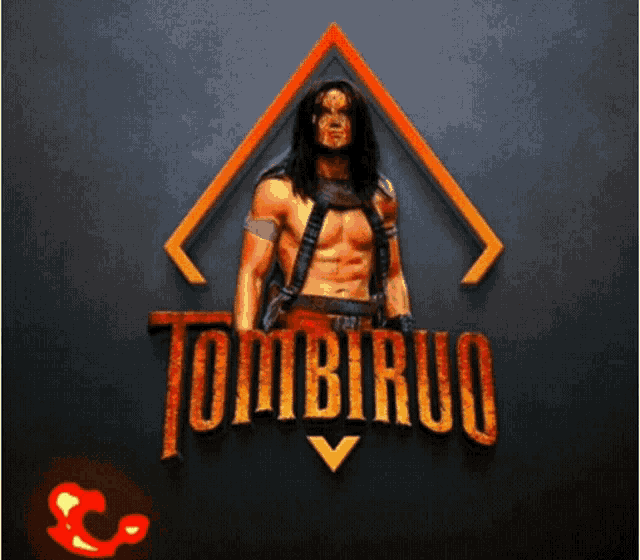 a man with long hair is standing in front of the tombiruo logo