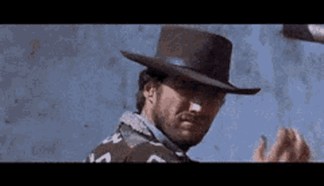 a man with a beard wearing a cowboy hat is standing in front of a wall .