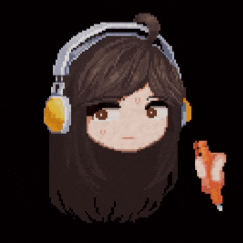 a pixel art of a girl wearing headphones and a beard
