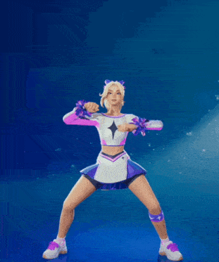 a cheerleader in a pink and white outfit is standing with her arms in the air