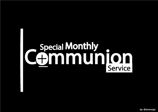a special monthly communion service logo with a drop of blood on a black background