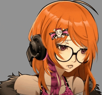 a girl with glasses and headphones has a skull on her head