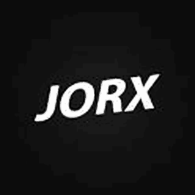 a black background with the word jorx in white letters .
